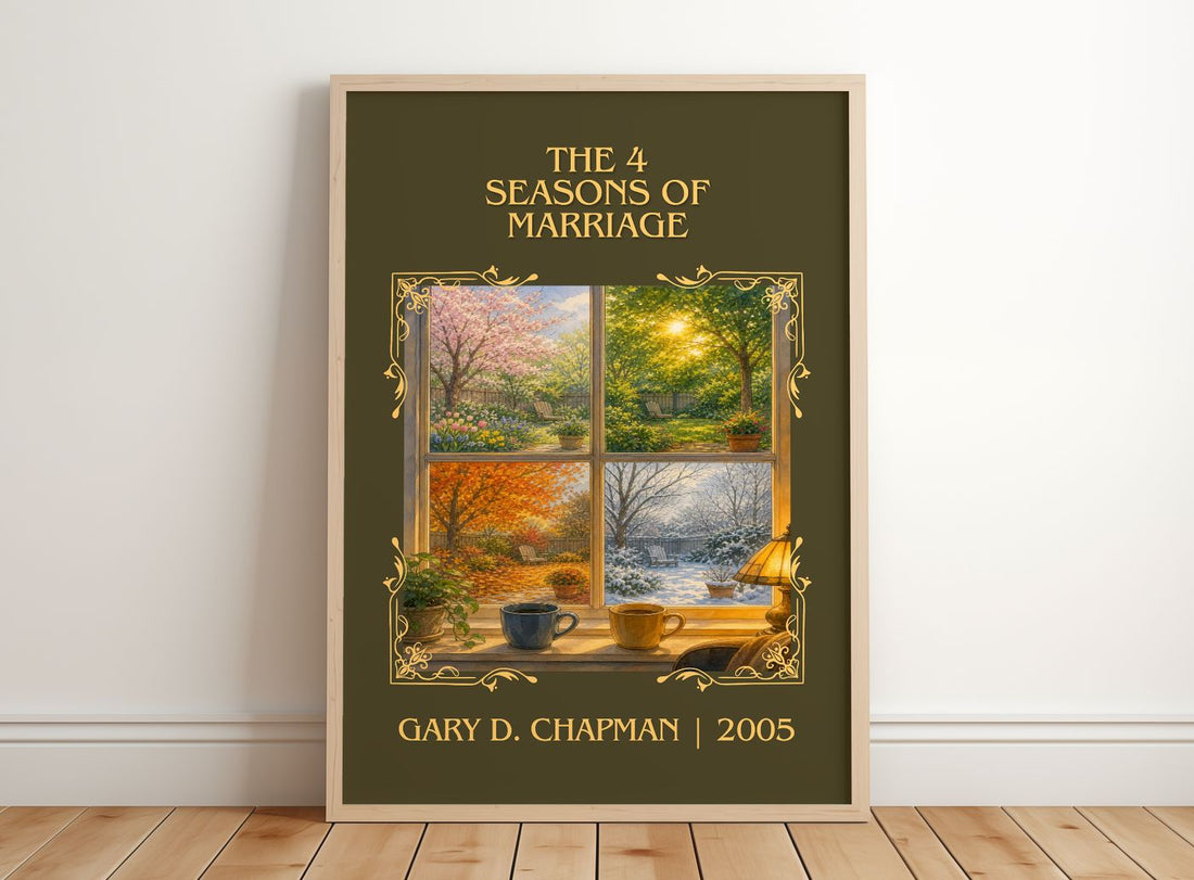 The 4 Seasons of Marriage Classic Book Art Print by Gary D. Chapman – framed print leaning on a wooden floor