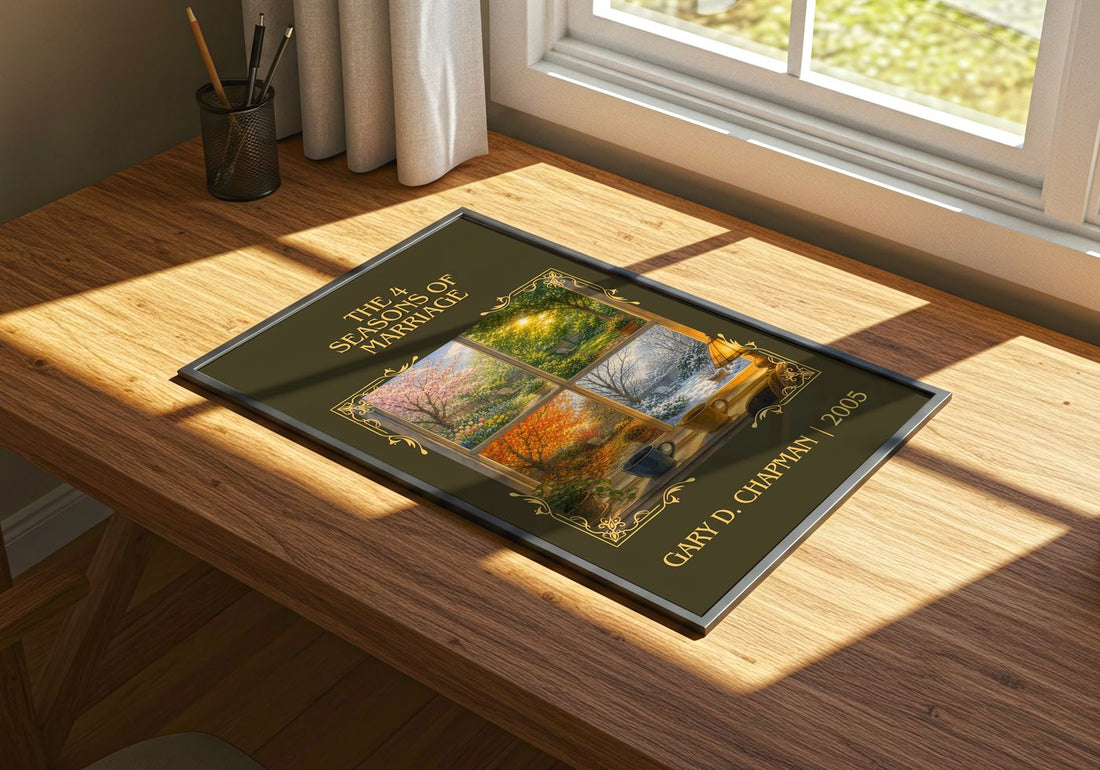 The 4 Seasons of Marriage Classic Book Art Print by Gary D. Chapman – print on a sunlit desk