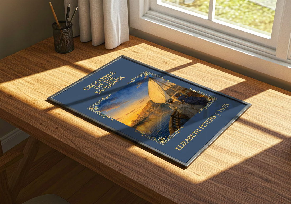 Crocodile on the sandbank Classic Book Art Print by Elizabeth Peters – print on a sunlit desk