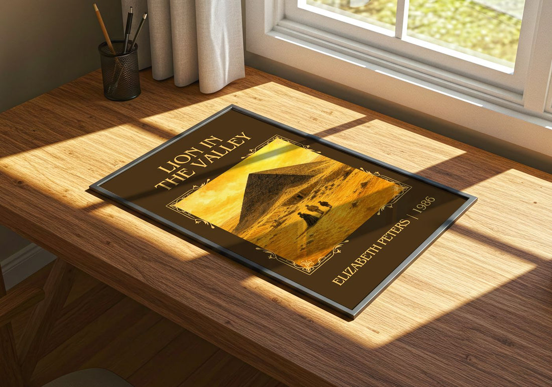 Lion in the valley Classic Book Art Print by Elizabeth Peters – print on a sunlit desk