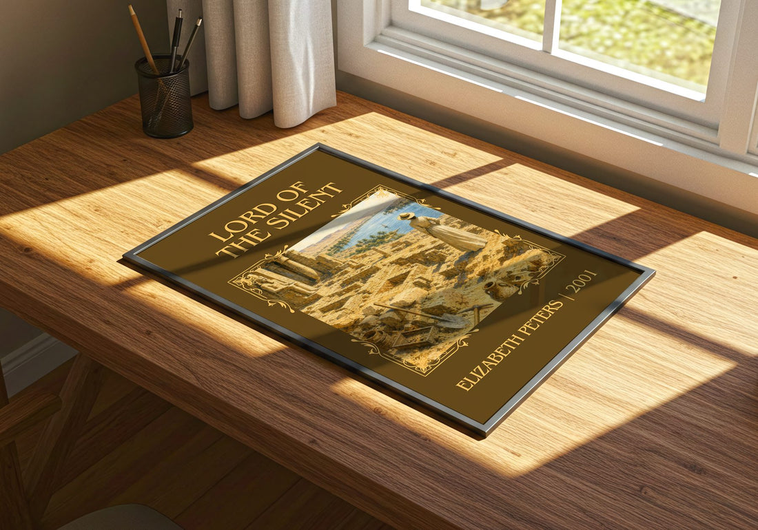 Lord of the silent Classic Book Art Print by Elizabeth Peters – print on a sunlit desk