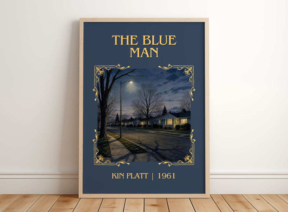 The blue man Classic Book Art Print by Kin Platt – framed print leaning on a wooden floor