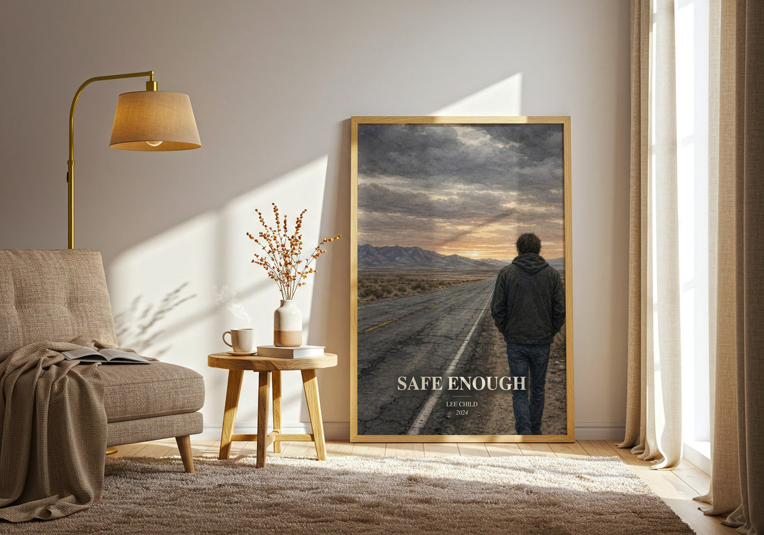 Safe Enough watercolour print in frame leaning in hallway – thriller wall art (mockup)