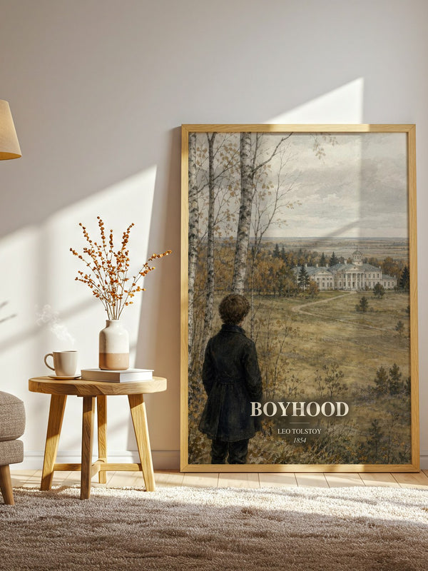 Boyhood watercolour print in frame leaning in hallway – classic literature wall art