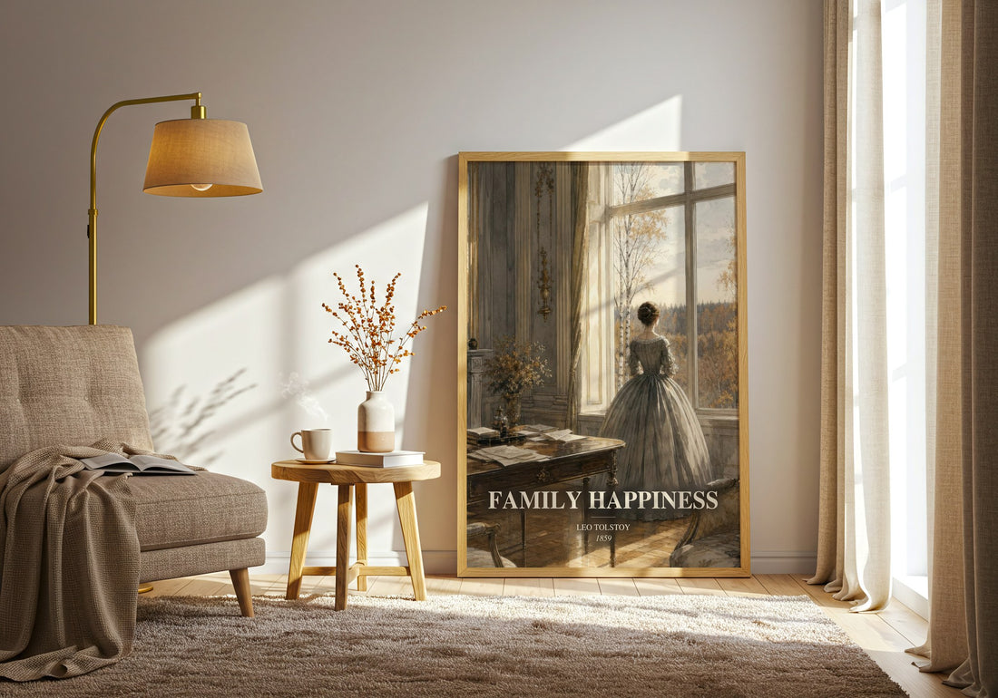 Family Happiness watercolour print in frame leaning in hallway – classic literature wall art (mockup)