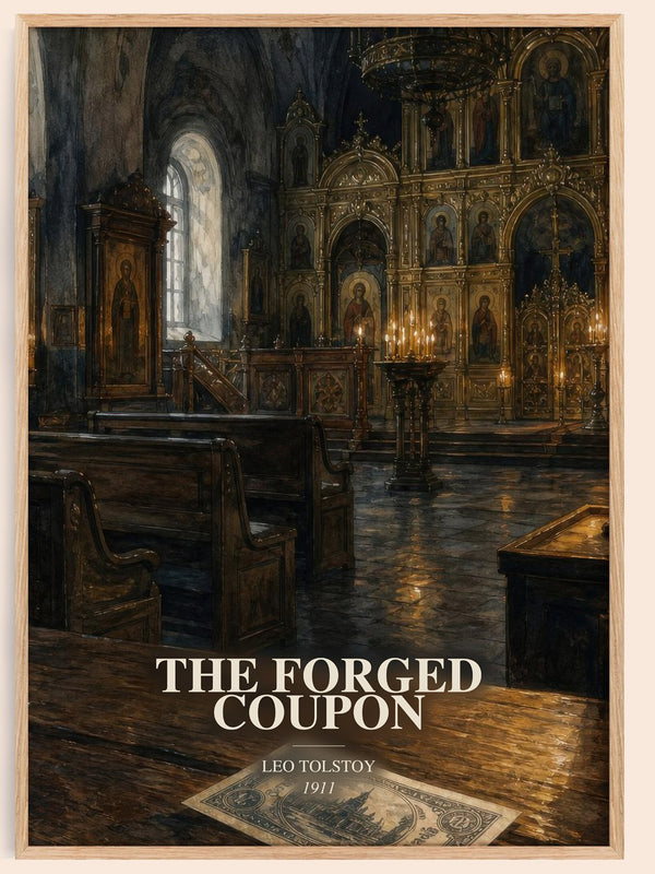 The Forged Coupon watercolour book poster by Leo Tolstoy – framed literary art print