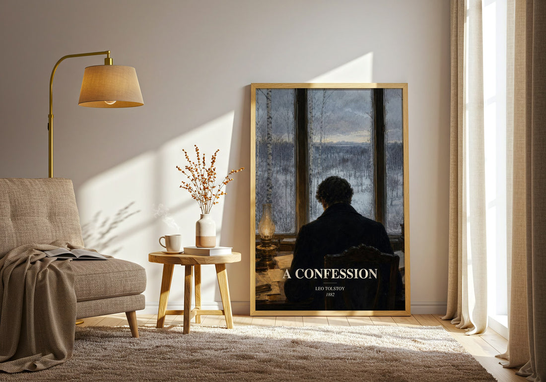 A Confession watercolour print in frame leaning in hallway – philosophy wall art (mockup)