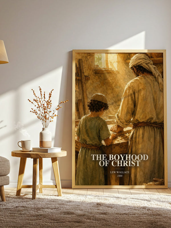 The Boyhood Of Christ watercolour print in frame leaning in hallway – historical fiction wall art