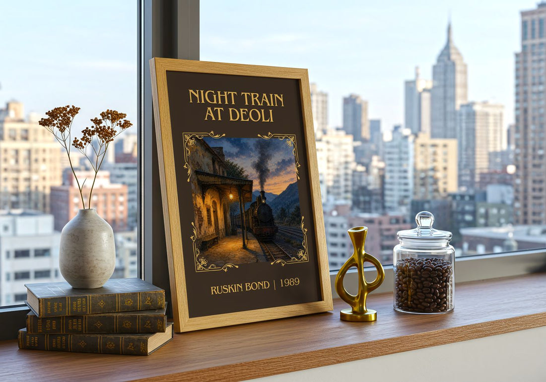 Night Train at Deoli Classic Book Art Print by Ruskin Bond – framed print on a city-view windowsill
