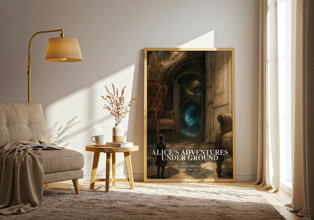 Alice'S Adventures Under Ground watercolour print in frame leaning in hallway – childrens wall art (mockup)