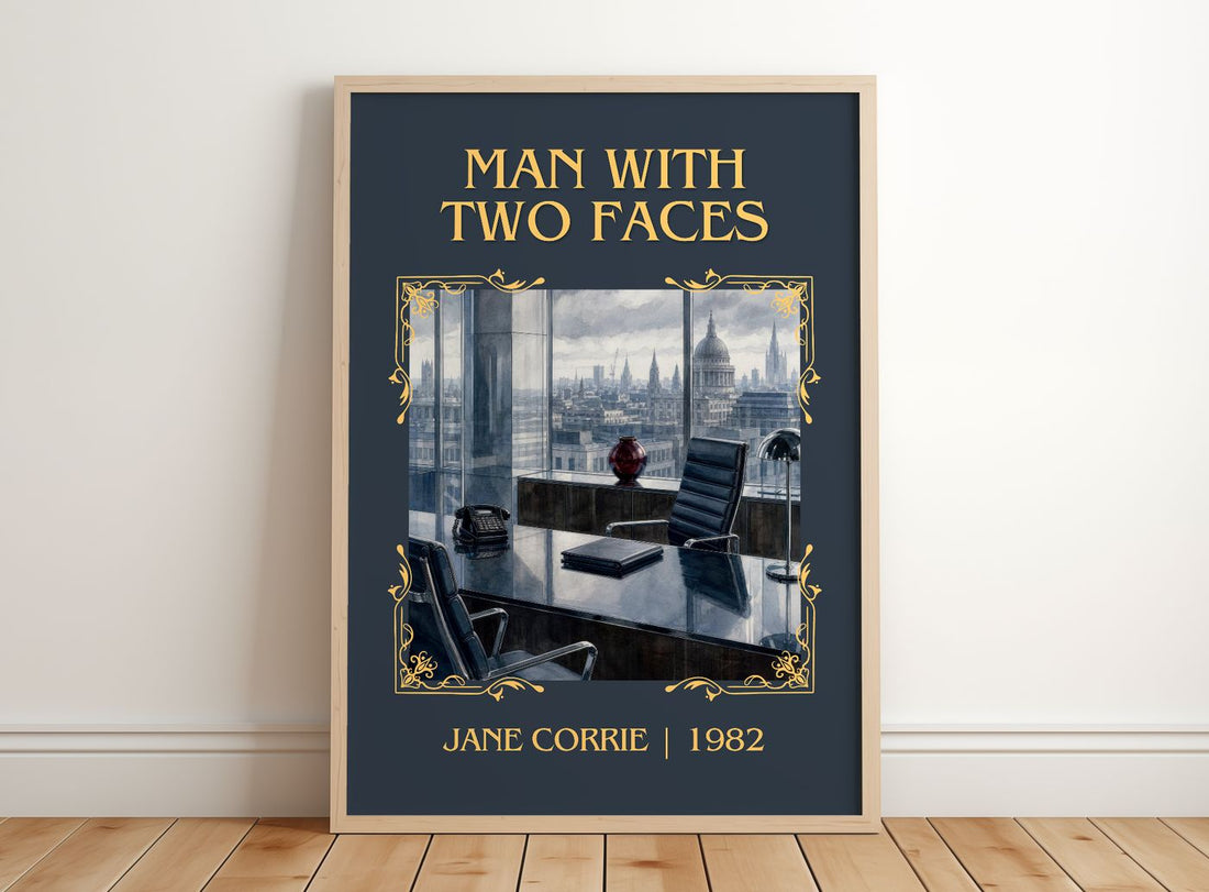 Man with two faces Classic Book Art Print by Jane Corrie – framed print leaning on a wooden floor