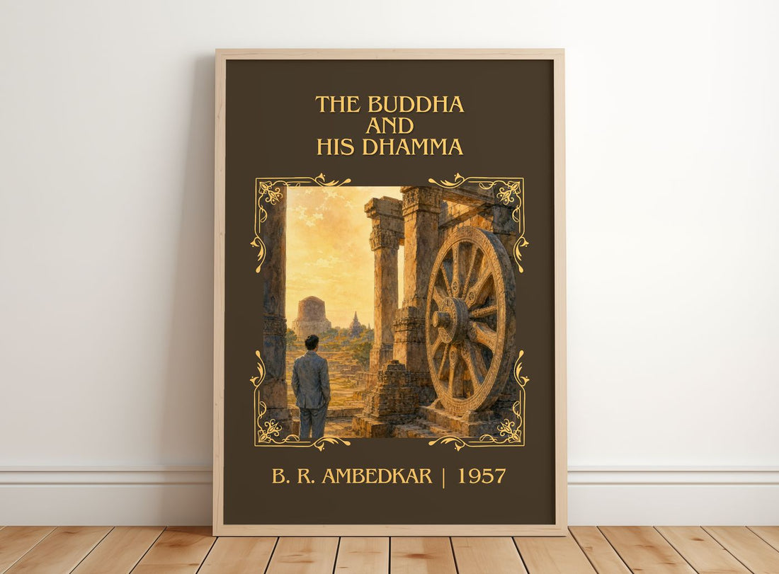 The Buddha and his Dhamma Classic Book Art Print by B. R. Ambedkar – framed print leaning on a wooden floor