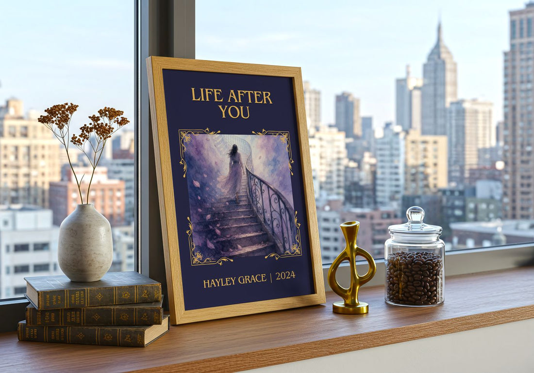 life after you Classic Book Art Print by Hayley Grace – framed print on a city-view windowsill