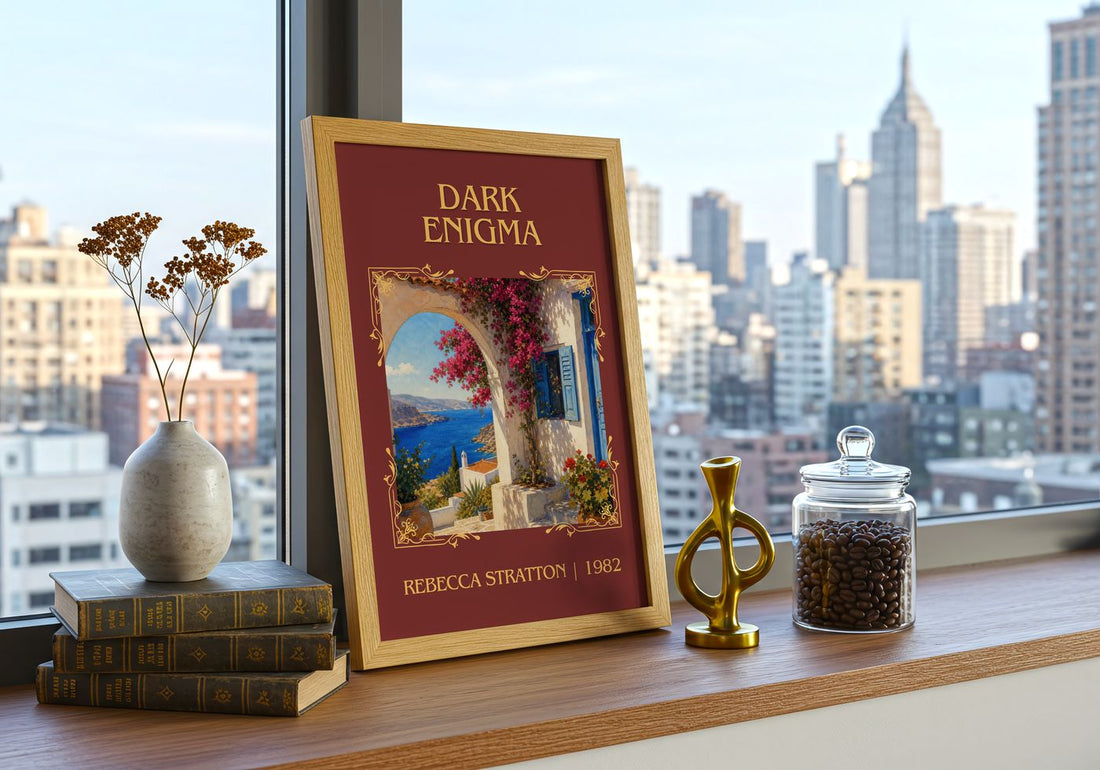 Dark Enigma Classic Book Art Print by Rebecca Stratton – framed print on a city-view windowsill