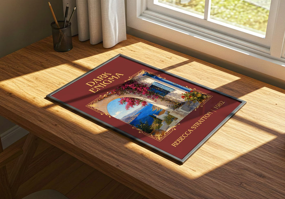 Dark Enigma Classic Book Art Print by Rebecca Stratton – print on a sunlit desk