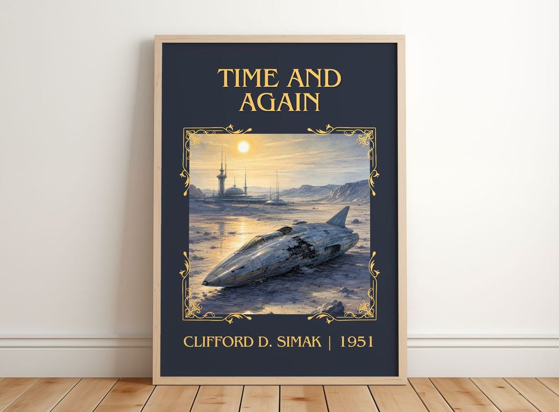 Time and again Classic Book Art Print by Clifford D. Simak – framed print leaning on a wooden floor
