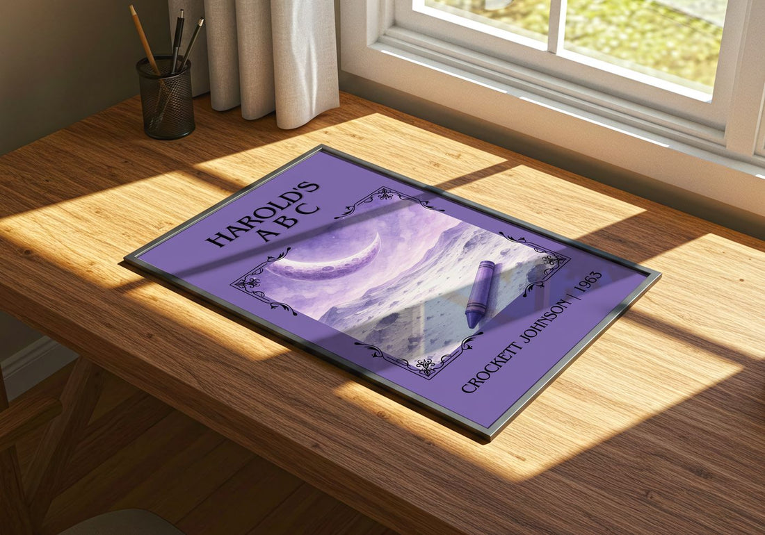 Harold's A B C Classic Book Art Print by Crockett Johnson – print on a sunlit desk