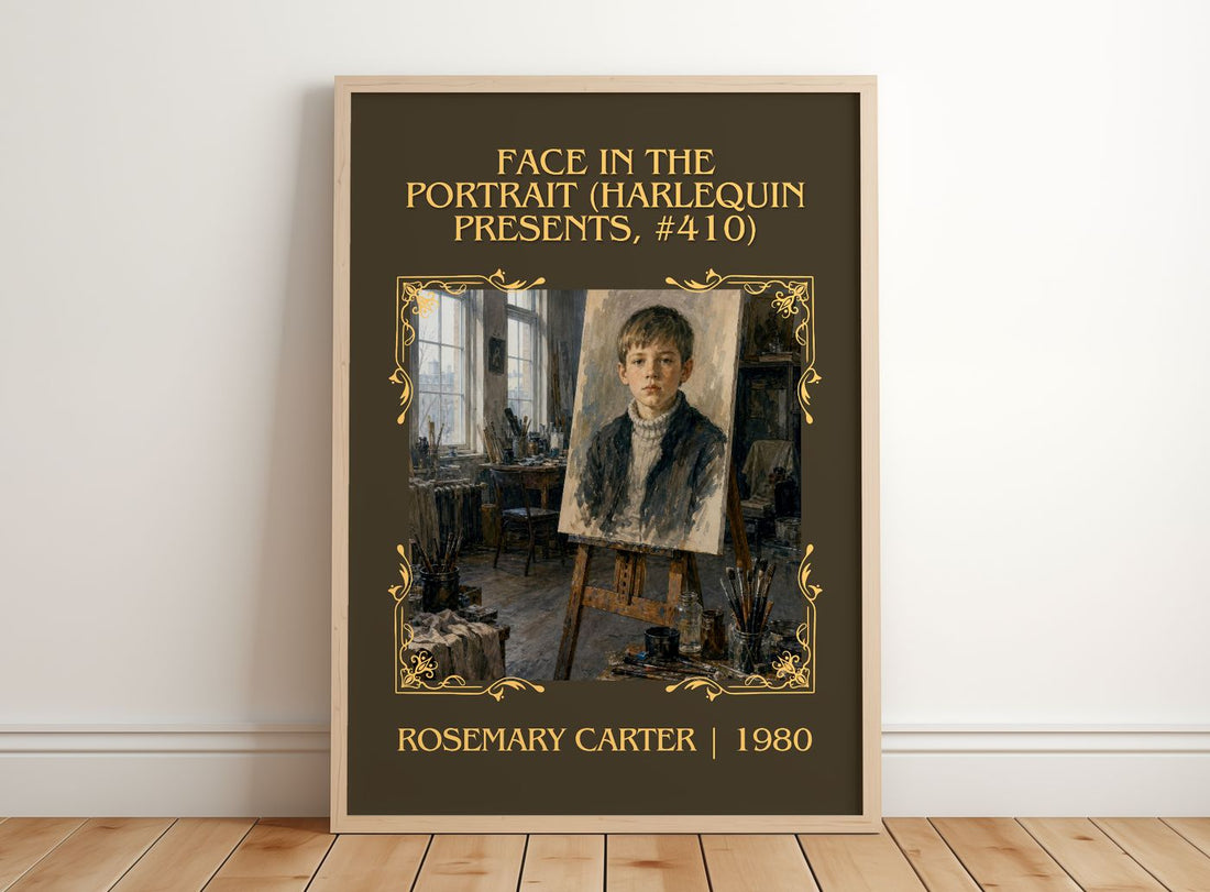 Face in the Portrait (Harlequin Presents, #410) Classic Book Art Print by Rosemary Carter – framed print leaning on a wooden floor