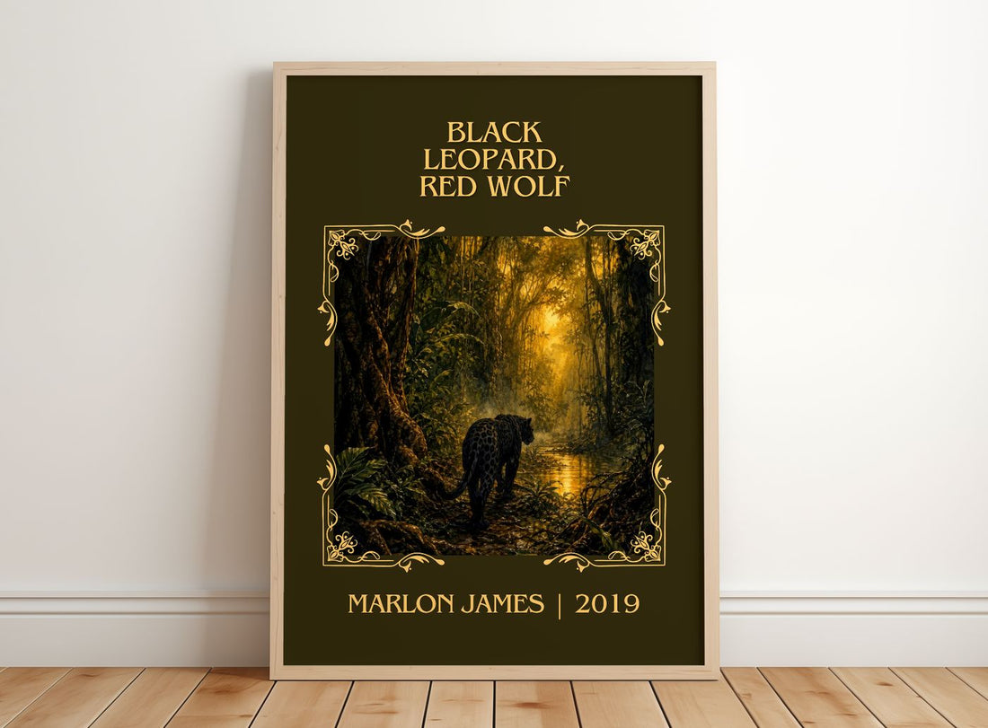 Black Leopard, Red Wolf Classic Book Art Print by Marlon James – framed print leaning on a wooden floor