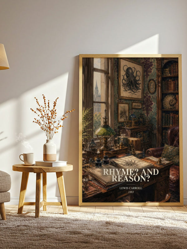 Rhyme? And Reason? watercolour print in frame leaning in hallway – poetry wall art