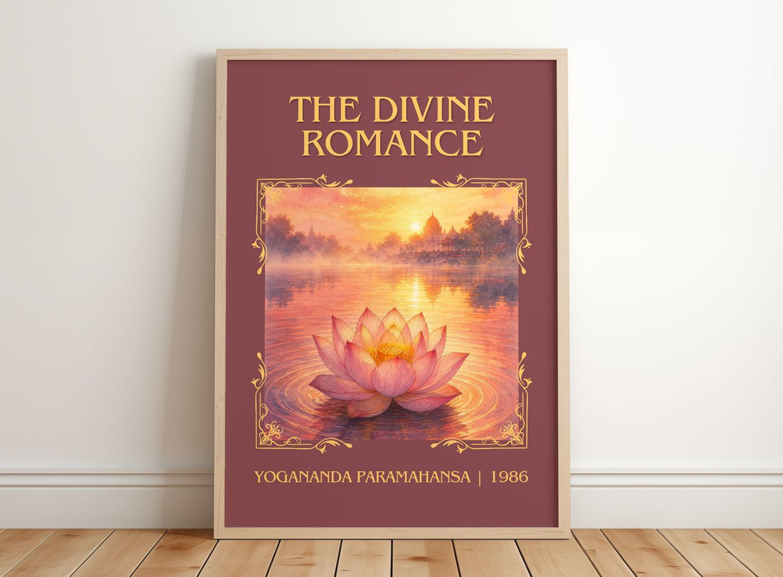 The divine romance Classic Book Art Print by Yogananda Paramahansa – framed print leaning on a wooden floor