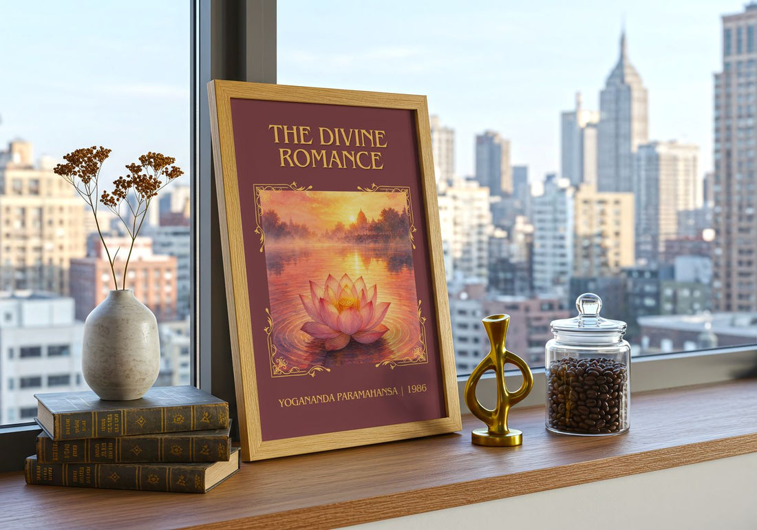 The divine romance Classic Book Art Print by Yogananda Paramahansa – framed print on a city-view windowsill