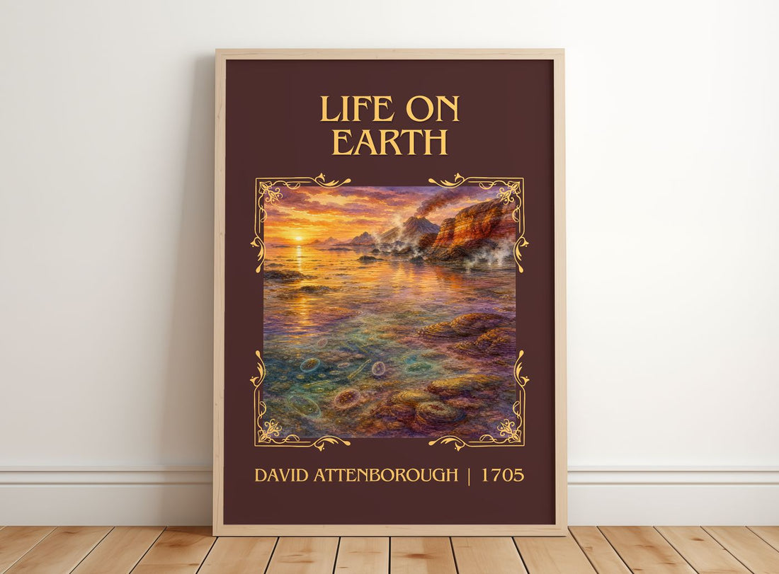 Life on Earth Classic Book Art Print by David Attenborough – framed print leaning on a wooden floor