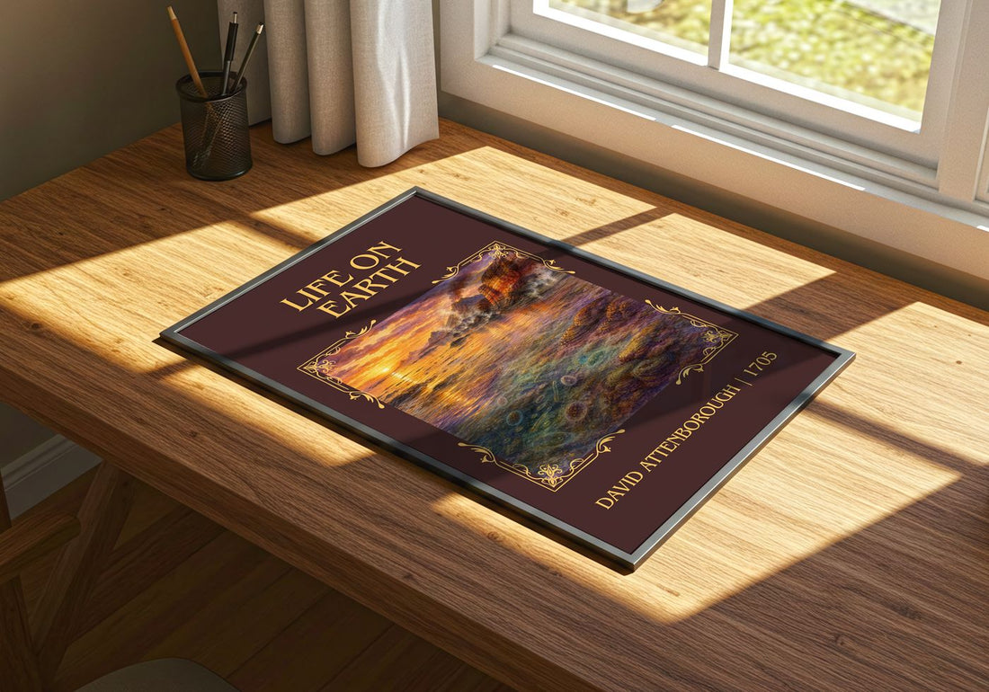 Life on Earth Classic Book Art Print by David Attenborough – print on a sunlit desk