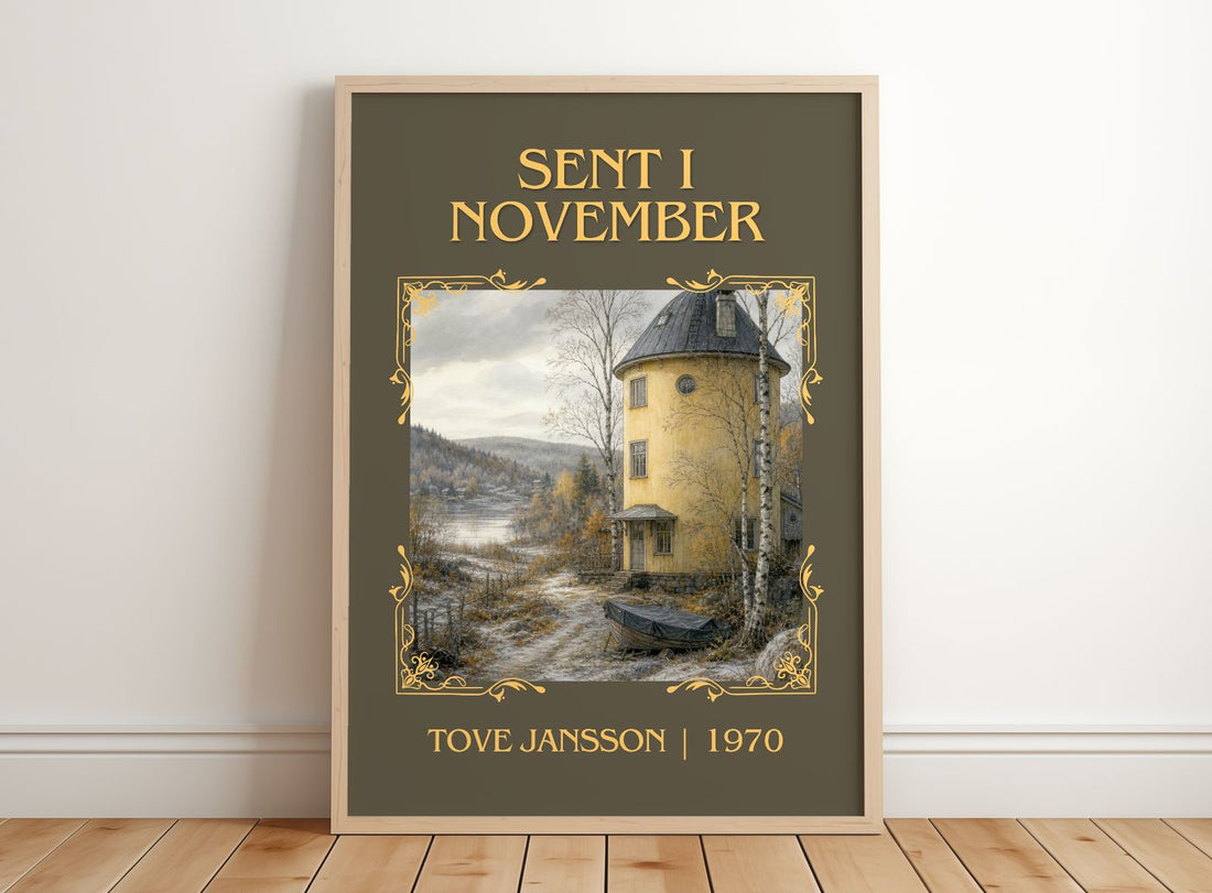 Sent i November Classic Book Art Print by Tove Jansson – framed print leaning on a wooden floor
