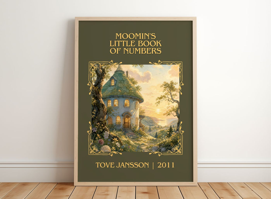 Moomin's little book of numbers Classic Book Art Print by Tove Jansson – framed print leaning on a wooden floor