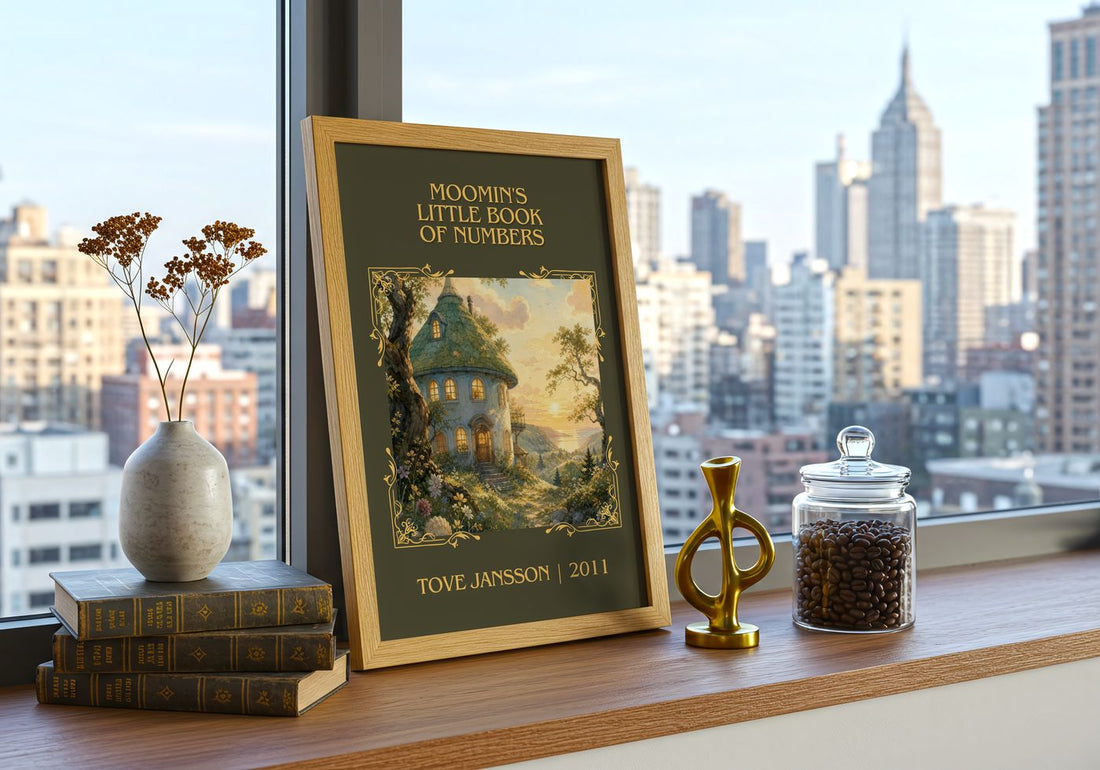 Moomin's little book of numbers Classic Book Art Print by Tove Jansson – framed print on a city-view windowsill