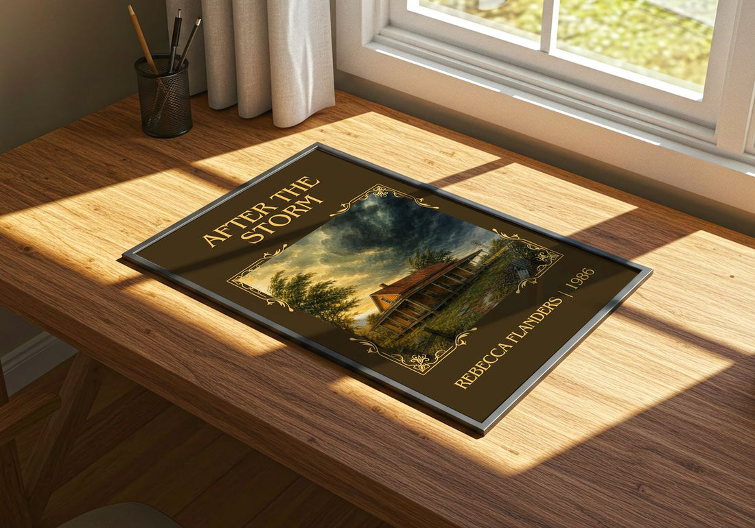 After the Storm Classic Book Art Print by Rebecca Flanders – print on a sunlit desk