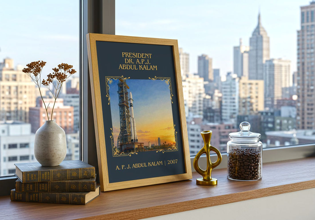 President Dr. A.P.J. Abdul Kalam Classic Book Art Print by A. Kalam – framed print on a city-view windowsill