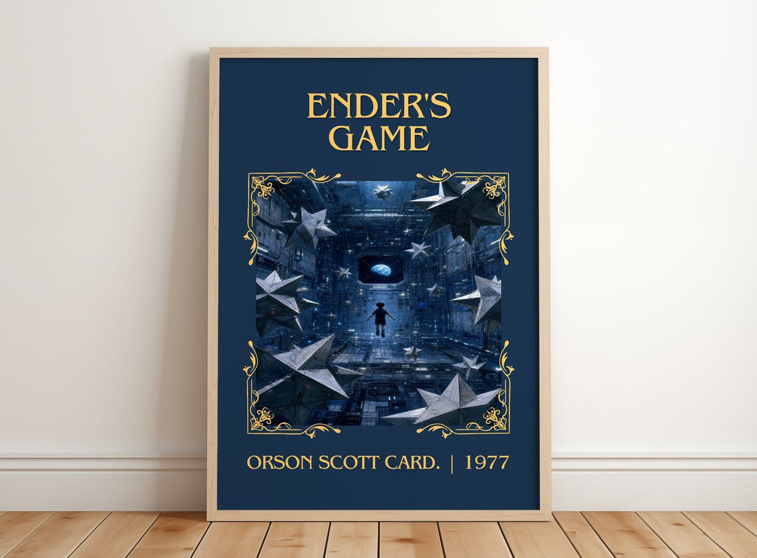 Ender's Game Classic Book Art Print by Orson Scott Card. – framed print leaning on a wooden floor