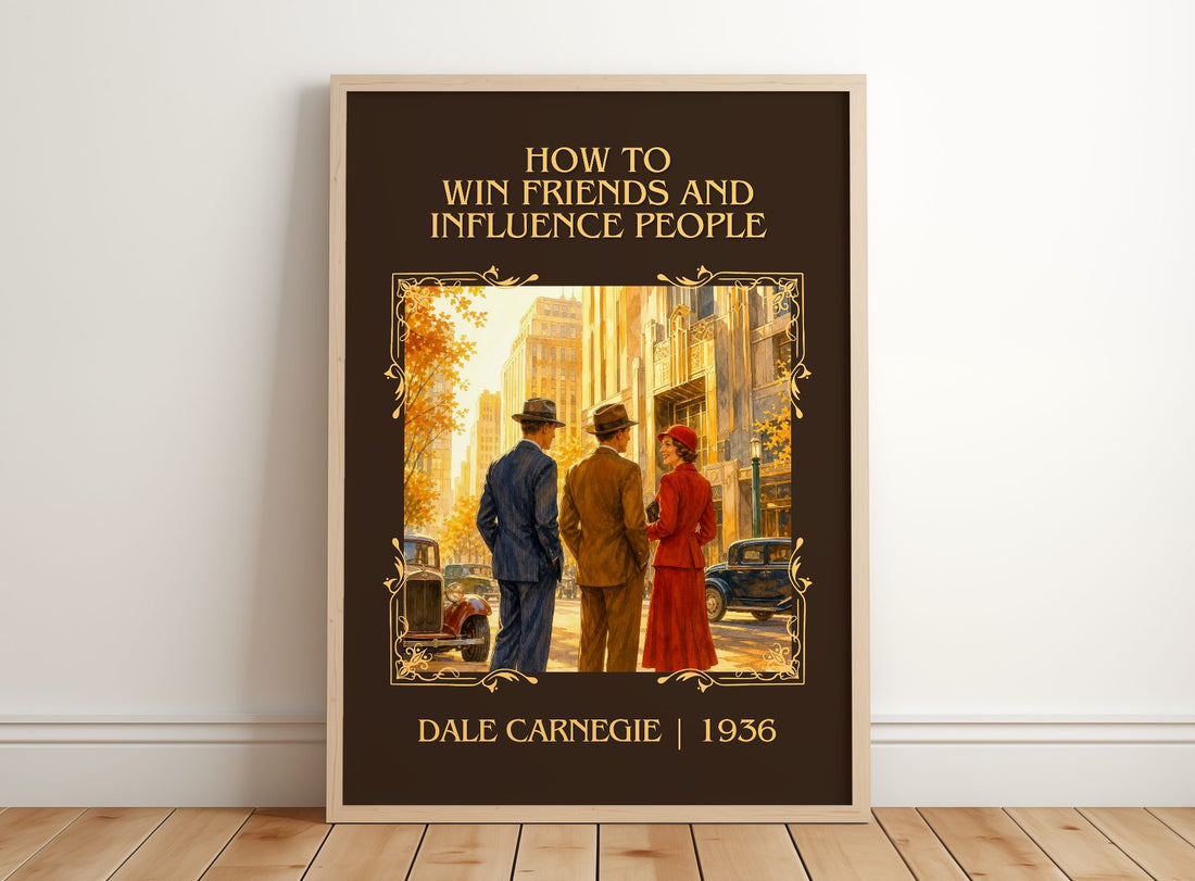 How to Win Friends and Influence People Classic Book Art Print by Dale Carnegie – framed print leaning on a wooden floor