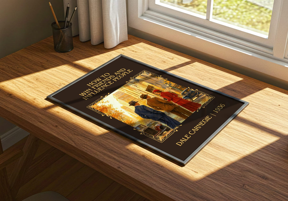 How to Win Friends and Influence People Classic Book Art Print by Dale Carnegie – print on a sunlit desk
