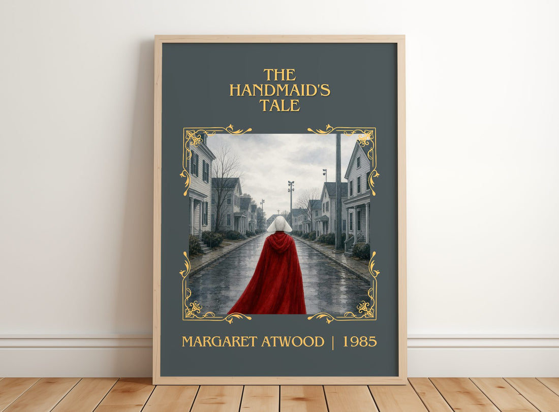 The Handmaid's Tale Classic Book Art Print by Margaret Atwood – framed print leaning on a wooden floor