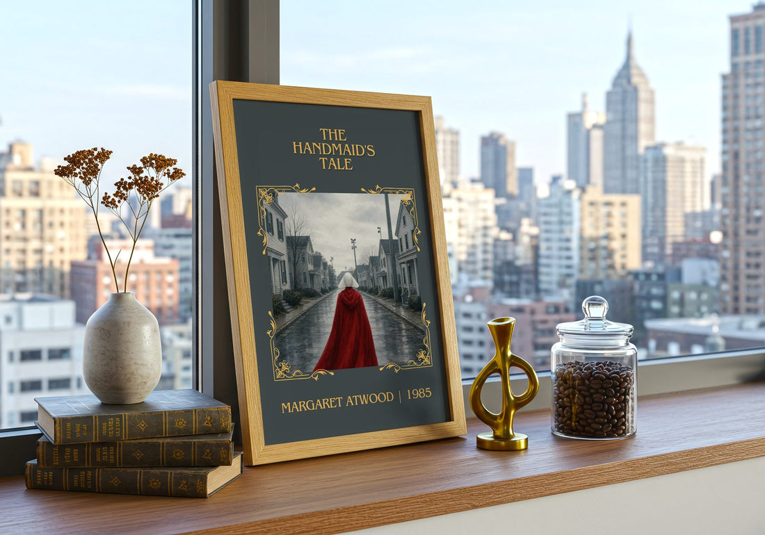 The Handmaid's Tale Classic Book Art Print by Margaret Atwood – framed print on a city-view windowsill
