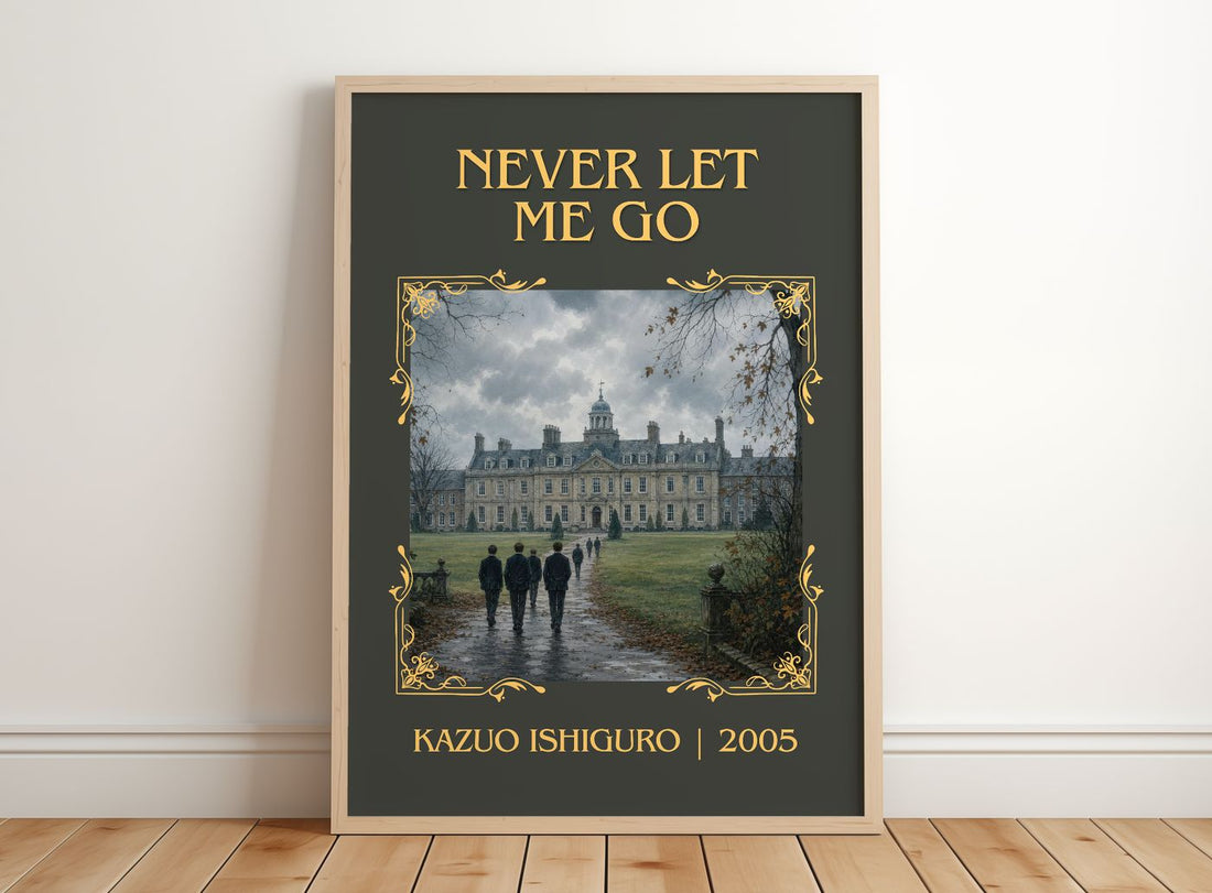 Never Let Me Go Classic Book Art Print by Kazuo Ishiguro – framed print leaning on a wooden floor