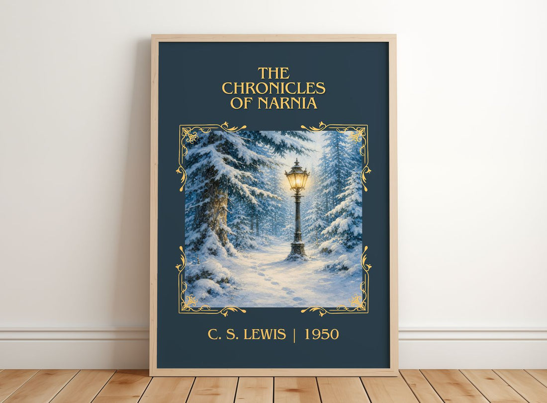 The Chronicles of Narnia Classic Book Art Print by C. S. Lewis – framed print leaning on a wooden floor