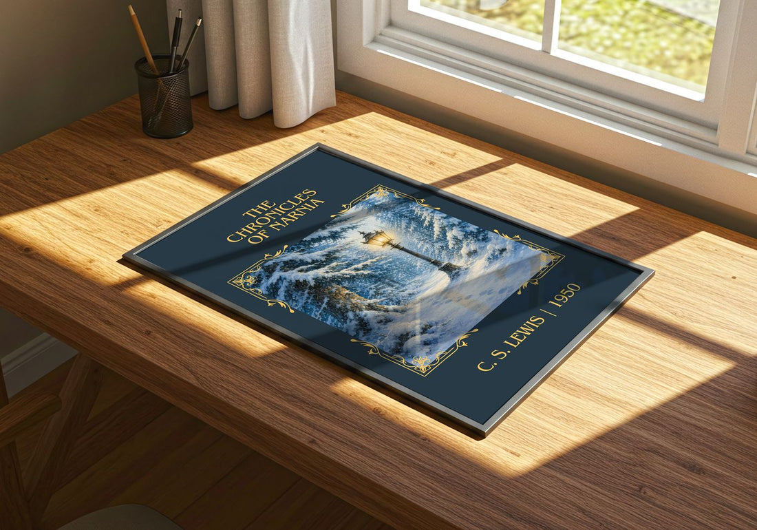 The Chronicles of Narnia Classic Book Art Print by C. S. Lewis – print on a sunlit desk