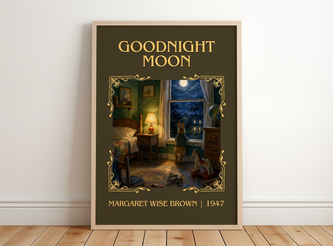 Goodnight Moon Classic Book Art Print by Margaret Wise Brown – framed print leaning on a wooden floor