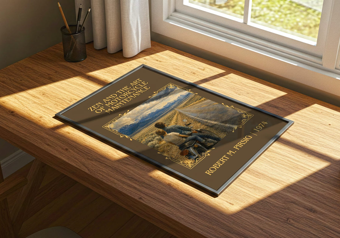 Zen and the Art of Motorcycle Maintenance Classic Book Art Print by Robert M. Pirsig – print on a sunlit desk