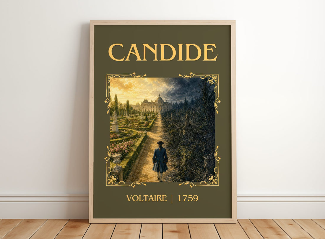 Candide Classic Book Art Print by Voltaire – framed print leaning on a wooden floor