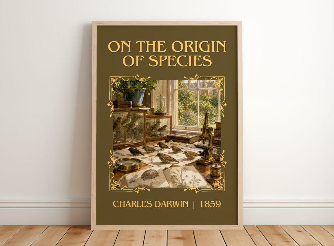 On the Origin of Species Classic Book Art Print by Charles Darwin – framed print leaning on a wooden floor