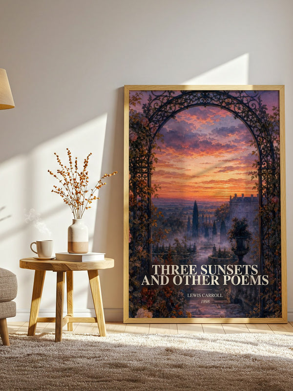 Three Sunsets And Other Poems watercolour print in frame leaning in hallway – poetry wall art