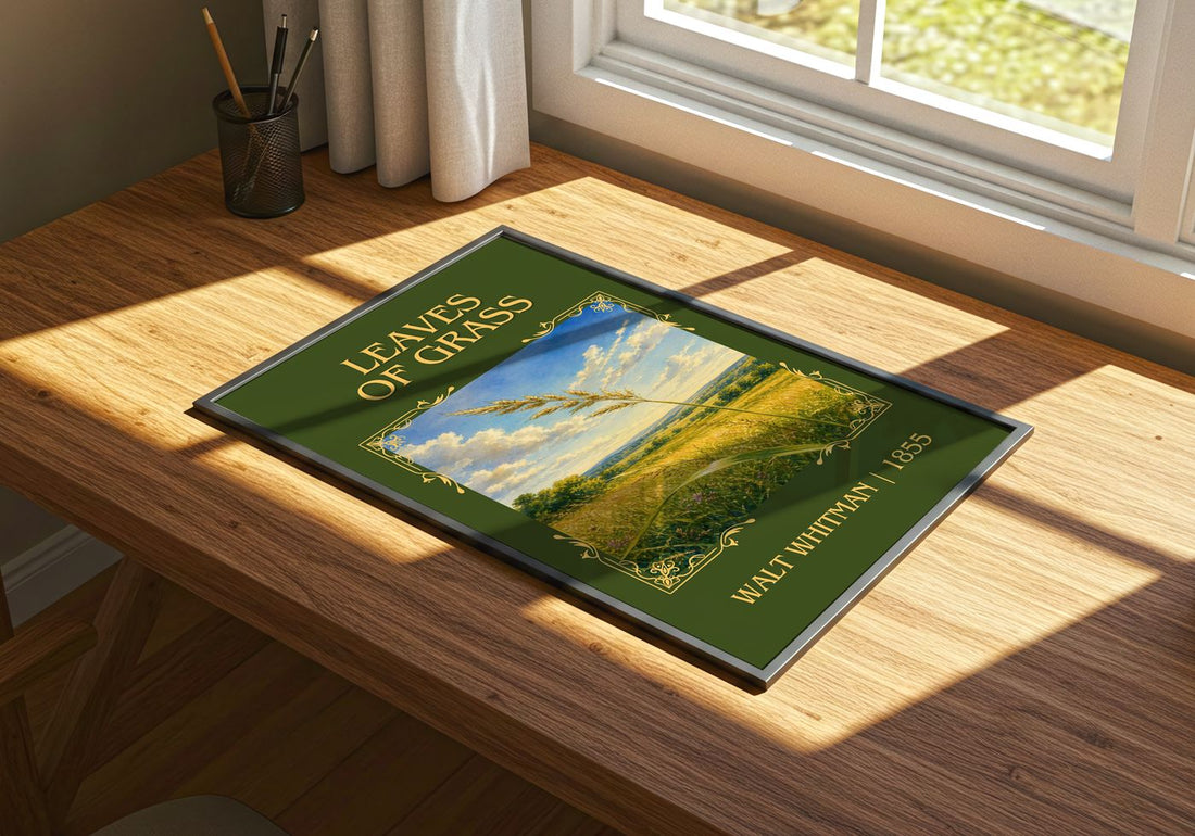 Leaves of Grass Classic Book Art Print by Walt Whitman – print on a sunlit desk