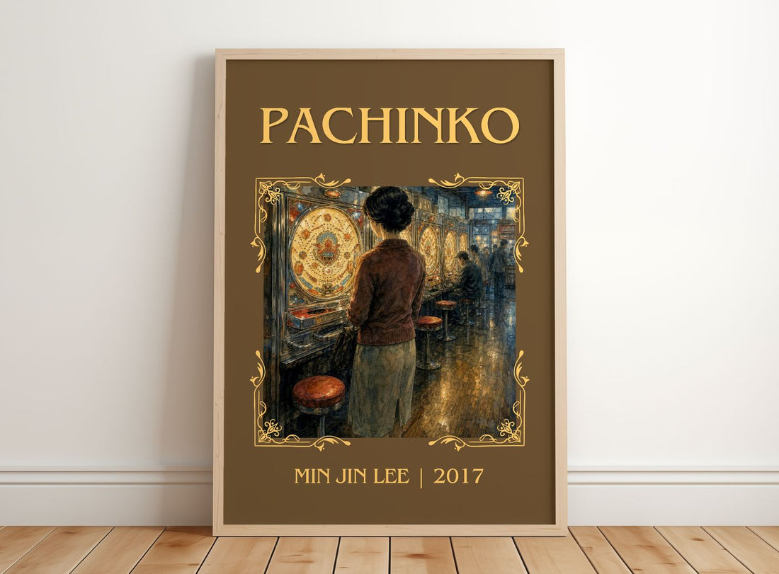 Pachinko Classic Book Art Print by Min Jin Lee – framed print leaning on a wooden floor