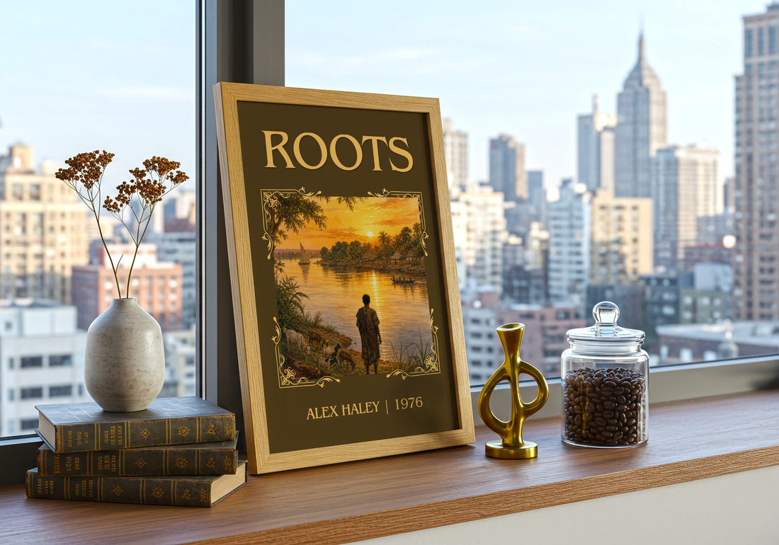 Roots Classic Book Art Print by Alex Haley – framed print on a city-view windowsill