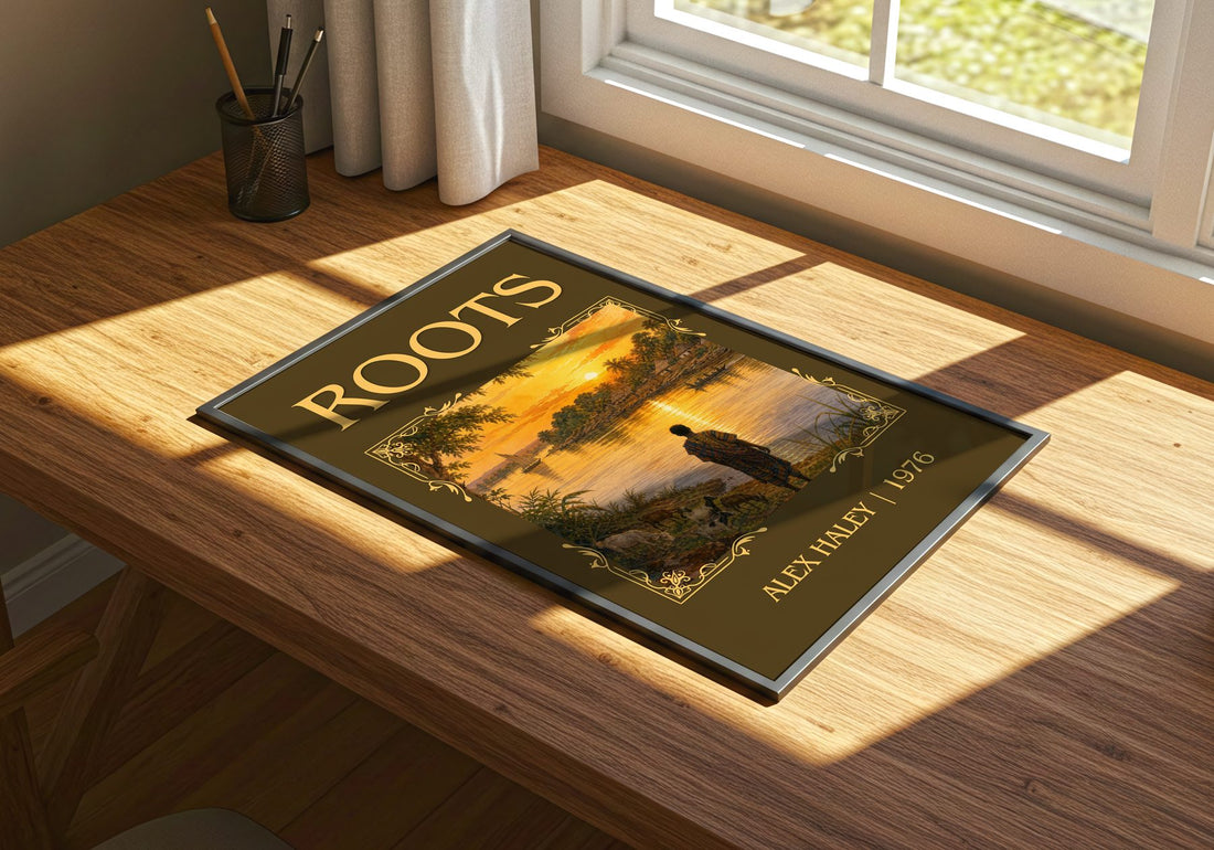 Roots Classic Book Art Print by Alex Haley – print on a sunlit desk